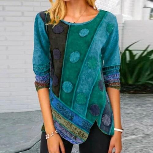 2021 Spring Autumn Women Retro Printed Irregular Hem O Neck Long Sleeve Blouse T-shirt Tunic Female Tops Pullover