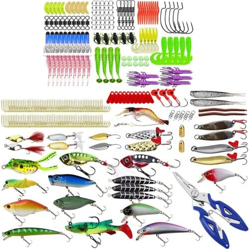 300pcs Fishing Lures Kit Set for Bass,Trout,Salmon,Including Lures, Plastic Worms, Frogs, Single Hooks, Swivels with Case
