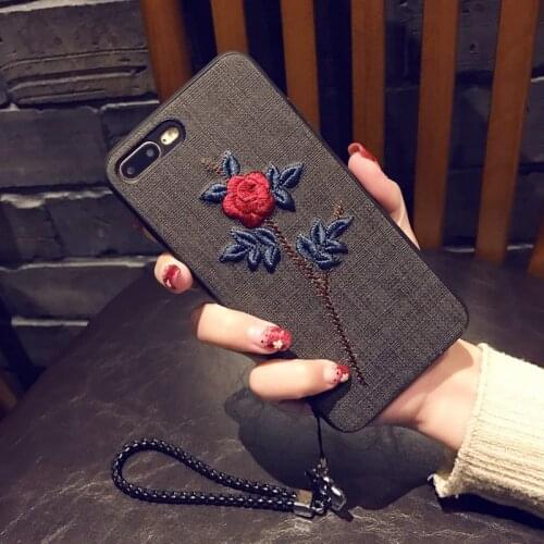 Free Lanyard Embroidery 3D Rose Flower Phone Case For iPhone 7 8 6 6S Plus Cloth Texture Cover For iPhone X XS MAX XR