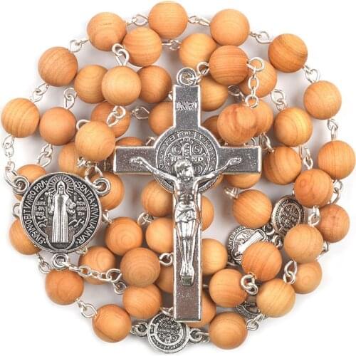 Scented Wood 8mm Beads Catholic Rosaries Necklace with Gift Box St Benedict Rosary