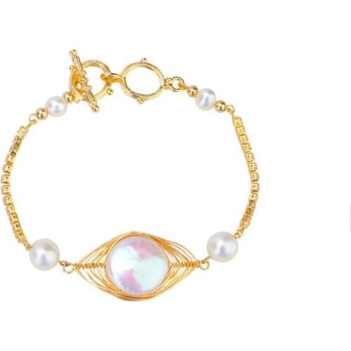 ICNWAY Natural 6-14mm Gold Wire Wound Freshwater Pearl 14KGF Wire Hand-Wrapped Bracelet