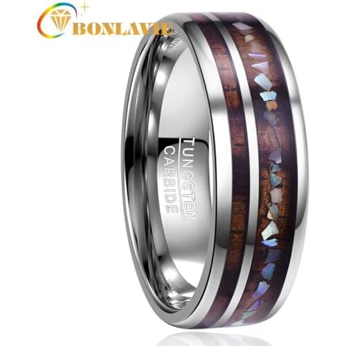 BONLAVIE 8mm Hawaiian Koa Wood and Imitated Opal Inlay Tungsten Carbide Rings Wedding Bands for Men Comfort Fit Size 7-12