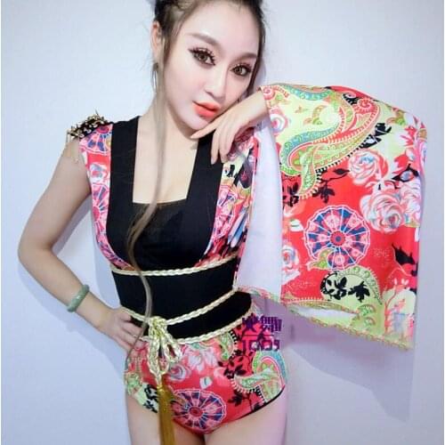 Bar Ds Costumes Retro Chinese Style Jazz Dance Costume Nightclub Female Singer Sexy Red Printed Single Sleeve Bodysuit DWY4091