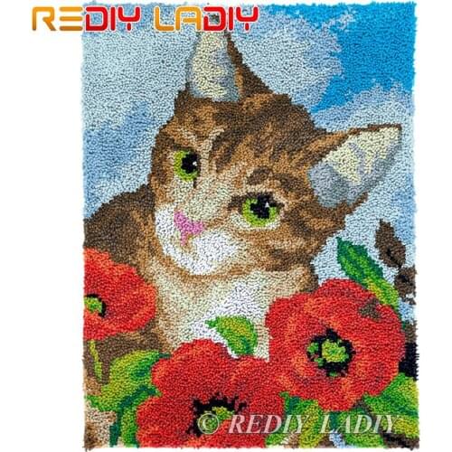 Latch Hook Rug Cat in Poppies Chunky Yarn Tapestry Kits DIY Carpet Rug Knitted Floor Mat Crochet Cushion Arts & Crafts 61*81cm