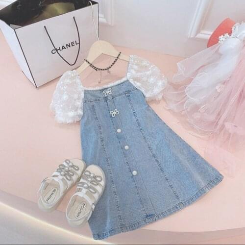 Summer Girls Dress New 2021 Korean Version Of The Iittle Girl Denim Skirt Puff Sleeve Childrens Skirt Suitable For 3-13 Years