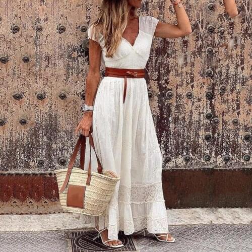 Summer Women Short Sleeve Large Hem V Neck High Waist Belt Women Maxi Dress Solid Color Sundress Beach Dress for Date