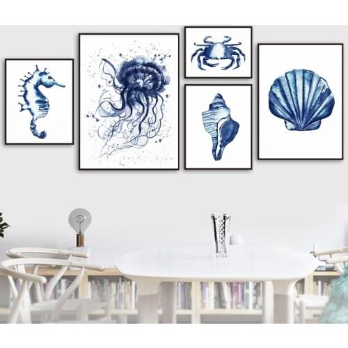 Ocean Animal Navy Blue Hamptons Sea Life Turtle Nursery Wall Art Canvas Painting Nordic Poster Wall Picture Baby Kids Room Decor