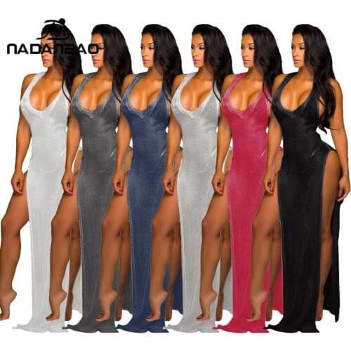 NADANBAO Elegant Solid Color Beach Dress Travel Seaside Beach Plus Size Women Clothes 2021 Summer Sexy Deep V-neck Split Dress