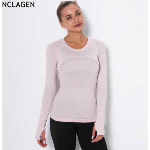 NCLAGEN Women Long Sleeved Sports Yoga T-shirt Quick-drying Round Neck Running Top Sweat-absorbing Tight Gym Workout Fitness