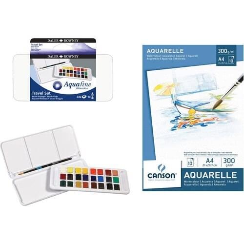 Daler Rowney Aquafine Tablet Water Color Set 24 Color + Canson 300 g A4 Water Color Book