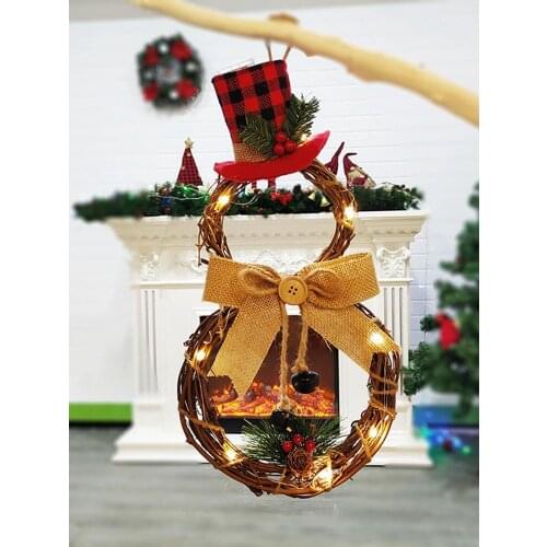Hand-made Snowman Christmas LED Garland Hanging Decoration Home Rattan Wall Door Home Outdoor Garland Wreath
