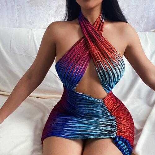 Wsevypo Sexy Gradient Hollow Out Halter Neck Dress Party Club Summer Women Sleeveless Short Drawstring Ruched Bodycon Dress