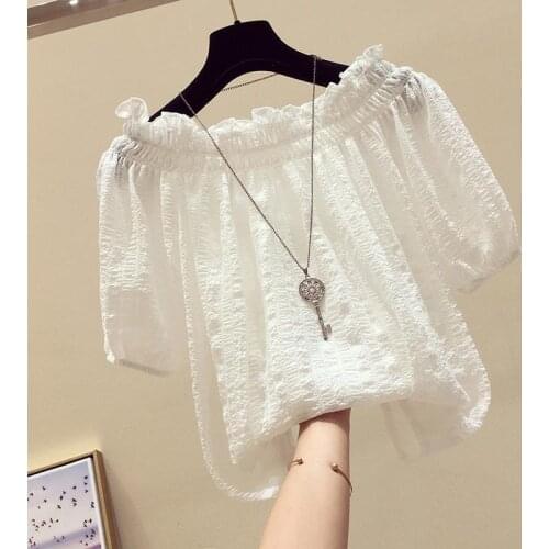 Slash Neck Chiffon Women Blouse Summer New 2021 Ruffles Solid Puff Sleeved Straight Elegant Female Pulls Tops