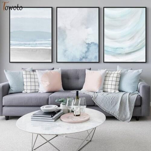Blue Watercolor Canvas Painting Abstract Art Print Poster Modern Neutral Wall Art Decorative Wall Pictures for Living Room