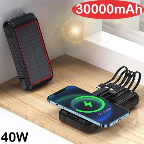 40800mAh Solar Power Bank Qi Wireless Charger Powerbank Built in Cable PD 40W Fast Charger for iPhone 12 Huawei Xiaomi Poverbank