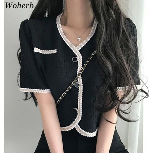 Woherb Korean Chic Blouse Women Contrast Color Vintage Short Sleeve Crop Shirt 2021 Summer Elegant V-neck Thin Blusas Femme