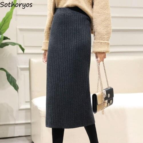 Skirts Women Fall 2020 High Waist Solid Simple All-match Korean Style Elegant Skirt Womens Long Knitting Slim Laides Trendy Chic