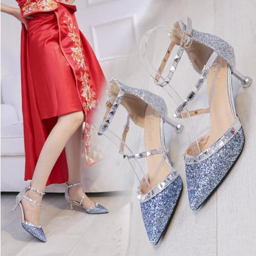 Plus Size 42 Women Sandals Rivets Pumps Pointed Toe Bling Wedding Shoes Woman Pumps Glitter Dress Shoes Sandalias Mujer