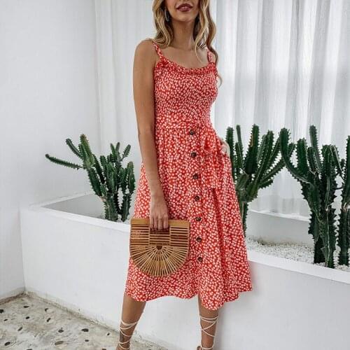 UZZDSS Bohemia Sunflower Print Cotton Midi Dress Women Sexy Backless High Wasit Slim Summer Dress Sundresses dress