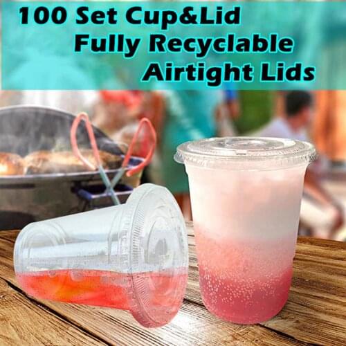 100 Sets Disposable Plastic Cups With Dome Lids for Iced Cold Drink Coffee Tea Smoothie Transparent Non-slip Material 450ML
