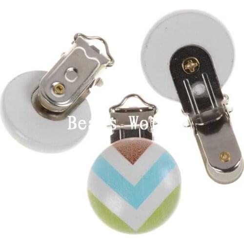 5 Pcs White Round Wood Striped Pattern Baby Pacifier Clip Holders Cute Infant Soother Clasps Funny Accessories 45x29mm