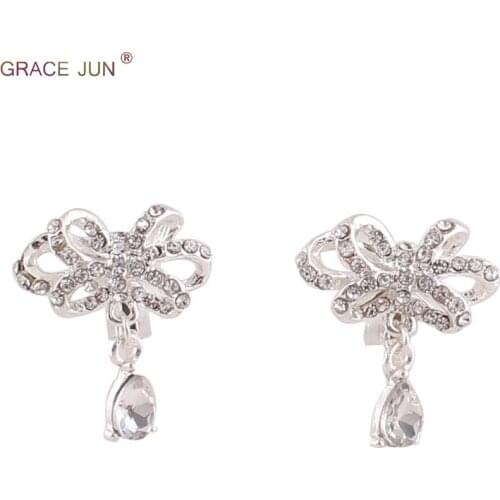 GRACE JUN Rhinestone Crystal Bowknot Water Drop Clip on Earrings Non Piercing Fashion Gorgeous Needn't Ear Hole Earrings Bijoux