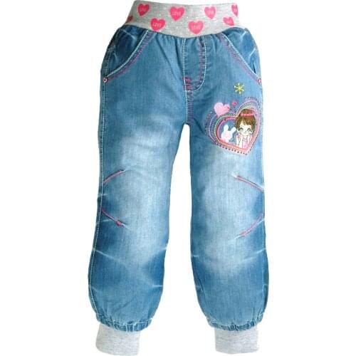 Children Jeans 2-9Y Teen Girls Denim Trousers Bunny Embroidery Red Rhinestone Elastic Sarouel Harem Capris Pants MH2931