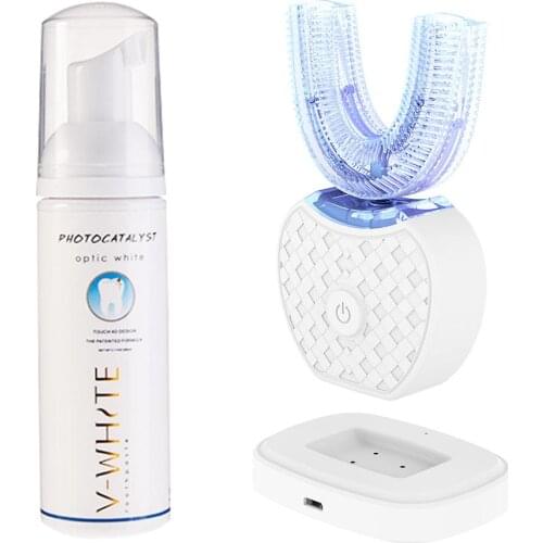 360 Degree Automatic Fast Electric Toothbrush Hands Free Automatic Whitening 360 Degree Ultrasonic Toothbrush U Shape Blue Light