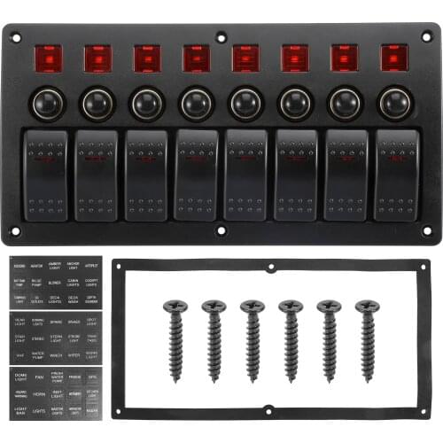X Autohaux Car Marine Boat 8 Gang 3 Pin Toggle Rocker Switch Panel 12V/24V Circuit Breaker Red LED Indicator Waterproof