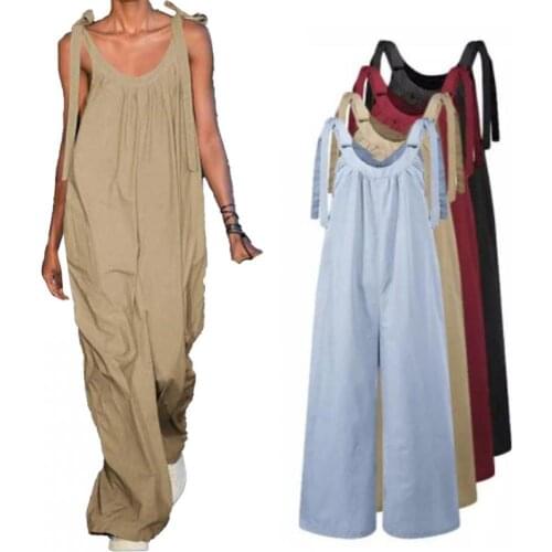 40%HOTWomen Jumpsuit Solid Color Wide Leg Summer Lace-up Low Cut Romper for Daily Wear