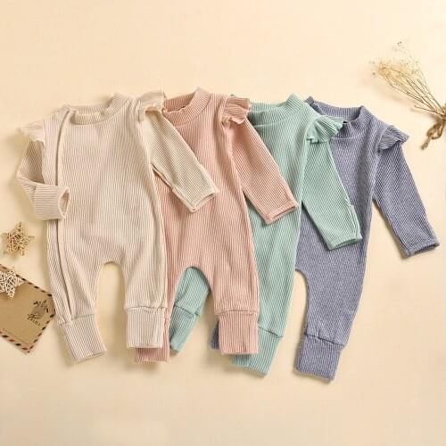 0-18M Newborn Baby Girls Boys Ribbed Romper Fly Long Sleeve Jumpsuit Autumn Fresh Solid Color One Piece Long Pants with Zipper