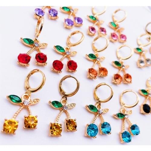 Kpop Colorful Cute Fruit Cherry Earrings For Womens Zircon Earrings Charm Elegant Wedding Accessories New Year Gift