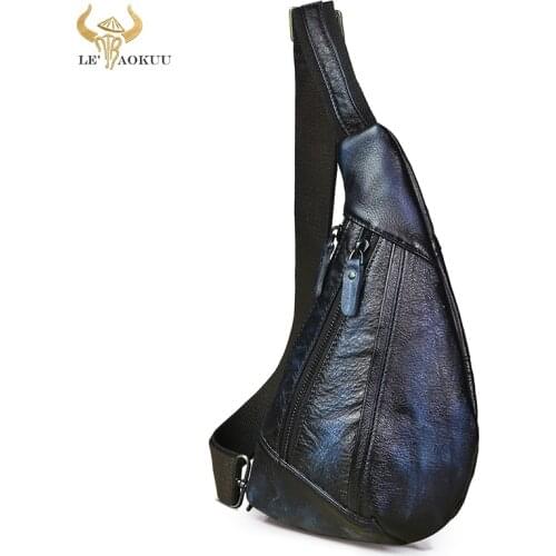 New Men Oil Wax Leather Fashion Blue Triangle Chest Sling Bag 8" Tablet Umbrella Design One Shoulder Cross-body Bag Male 8807