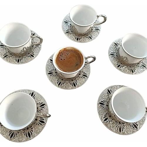 Turkish Coffee Cups Set of 6 and Saucers 3 Ounce Luxury Porcelain Greek Arabic Espresso Demitasse Porcelain Cup Sets for Serving