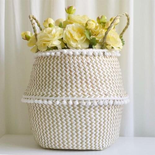 Natural Seaweed Woven Handheld Toy Storage Basket Lacework Nordic Style Plant Flower Pots Hand-Knotted Foldable Flower Pots