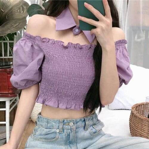 2020 Summer New Korean Style Blouse Womens Slash Short Casual Top Puff Sleeve Bow Patchwork Shirrt Sweet Clothing Korea Tops
