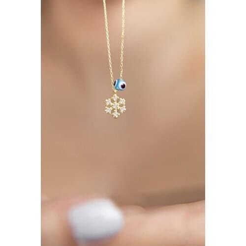 Elika Silver Little Snow Flake & Evil Eye Beaded Pattern 925 Sterling Silver Necklace