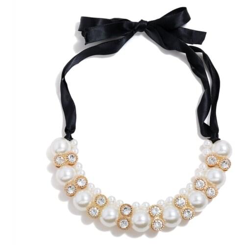 Light Yellow Gold Color Stackable Imitation Pearl Pendant Black Rope Chain Necklace with Rhinestone Fashion Jewelry