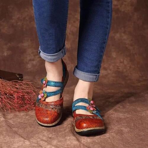 Vintage Floral Genuine Leather Splicing Colored Stitching Hook Loop Flat Shoes Spring Casual Women Flat Shoes New Lolita Shoes