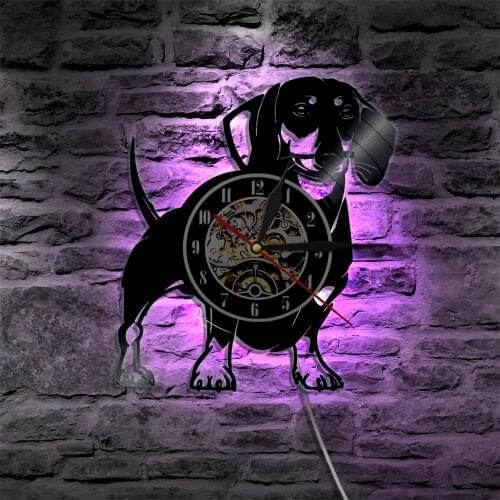 Wiener-Dog Vinyl Record Wall Clock Wirehaired Dachshund Dog Wall Clock With LED Light Pet Shop Puppy Wall Decor Dog Breed Gifts