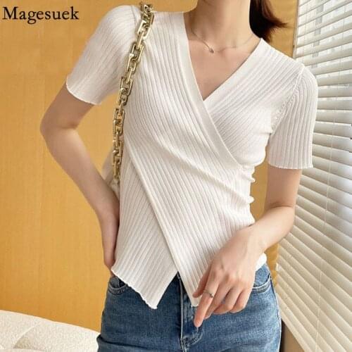 Korean Knit Summer Short Sleeve Blouse Women Cotton 2021 V-neck Woman Shirt Pullover Slim Solid Sexy Women Clothing Tops 15036