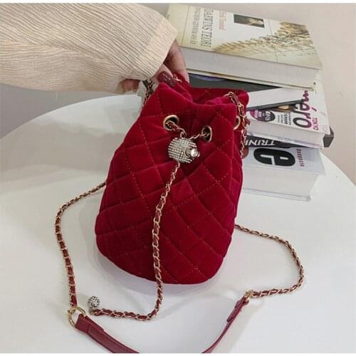 High Quality Lattice Corduroy Bucket Crossbody Bags for Women 2021 Summer Designer Shoulder Bag Ladies Party Chain Shoulder Bags