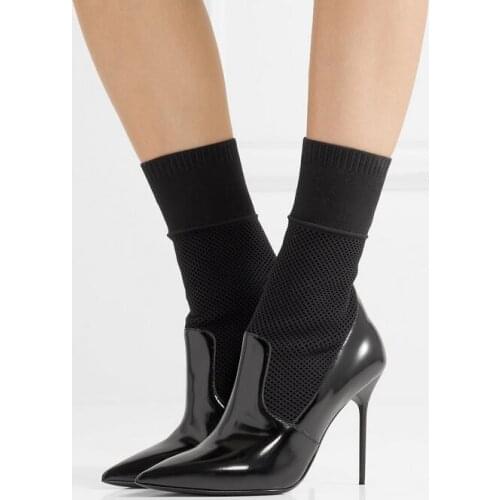 2018 Fashion Sock Boots Black Patent Leather Patchwork Women High Heel Boots Sexy Pointy Toe Ladies Slip On Ankle Boots Size 42