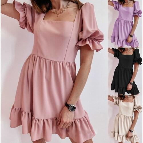 Summer Dress For Women 2021 Short Sleeve Ruffles Loose Solid Color Female Vestido Casual Beach OL Style Womens Dresses C2661