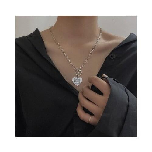 High Quality Vintage Punk Thick Chain Lock Heart Shape Pendant Choker Necklace for Women Party INS Words Silver Plated Necklace