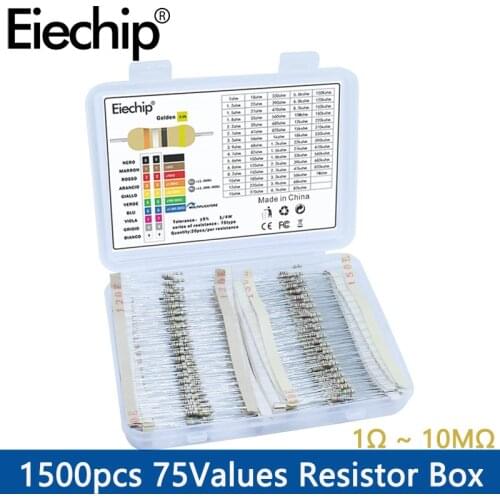 1500pcs/lot 1/4 Power Carbon Film Resistor assortment kit 75Values 1 ohm - 10M ohm Resistance 5% electronic resistors set pack