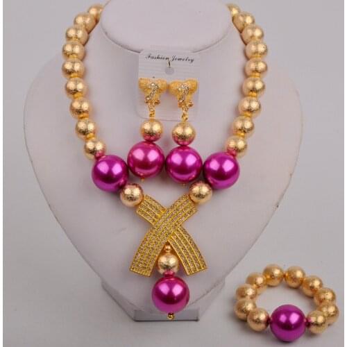 Fuchsia Pink African Necklace Costume Jewelry Set Nigerian Wedding Pearl Bead Bridal Set