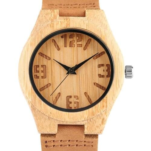 Unique Handmade Natural Bamboo Wood Watches Mens Numbers Dial Brown Creative Lightweigh Man Quartz-watch Analog Clock Gift