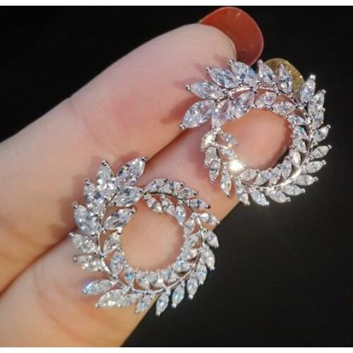 Flower and Leaf Shape Earrings, Circle Crystal Earrings Custom Luxury Jewelry Bridal Earrings for Wedding Flower Earrings Stud