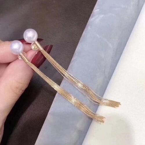 D1227 Solid 925 Sterling Silver Round 8-9mm 9-10mm Nature Fresh Water White Pearls Drop Dangle Earrings for Women Presents